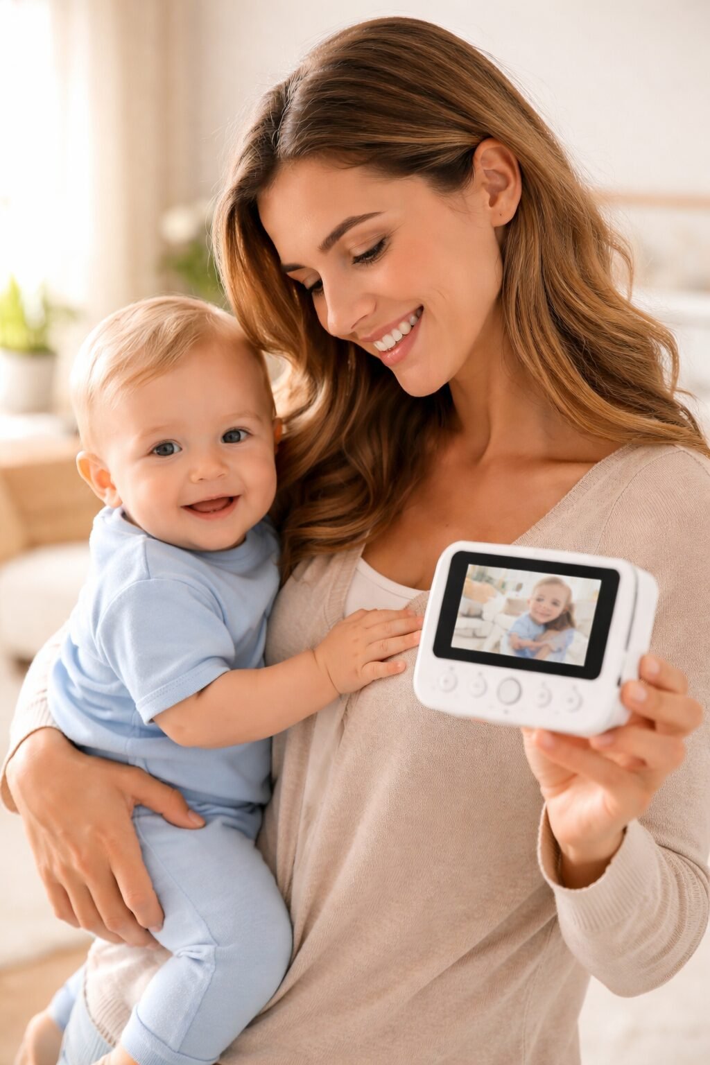 Mãe com bebê e babá eletrônica