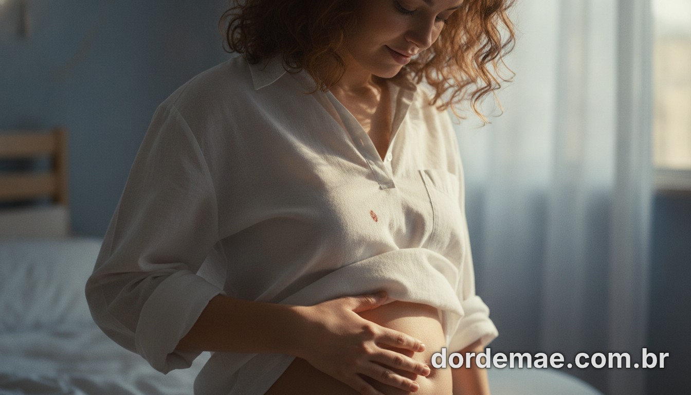 A woman gently touching her lower abdomen in a sunlit room to monitor early pregnancy tummy changes
