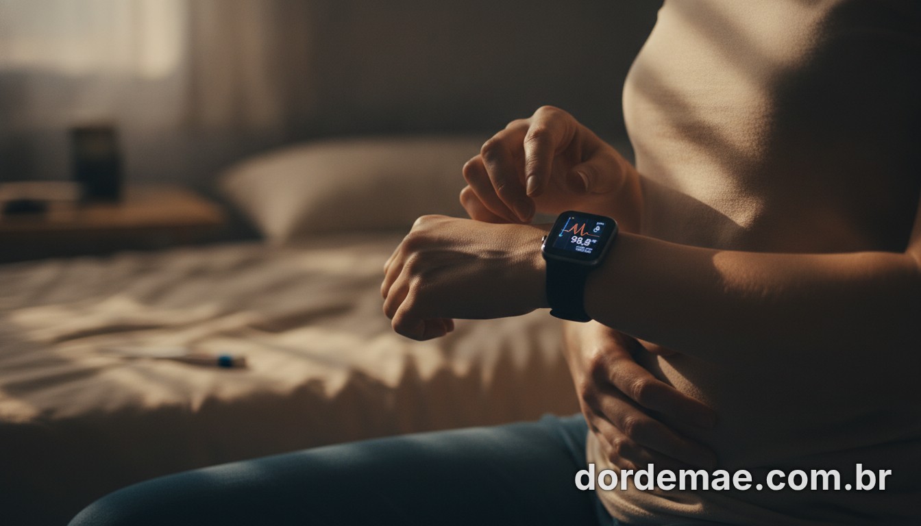 A woman checking her basal body temperature with a digital thermometer in bed as an early sign of pregnancy