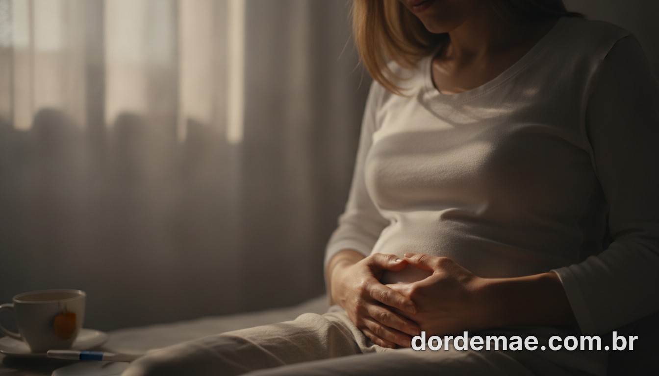 Woman looking at a positive pregnancy test in a brightly lit bathroom context.